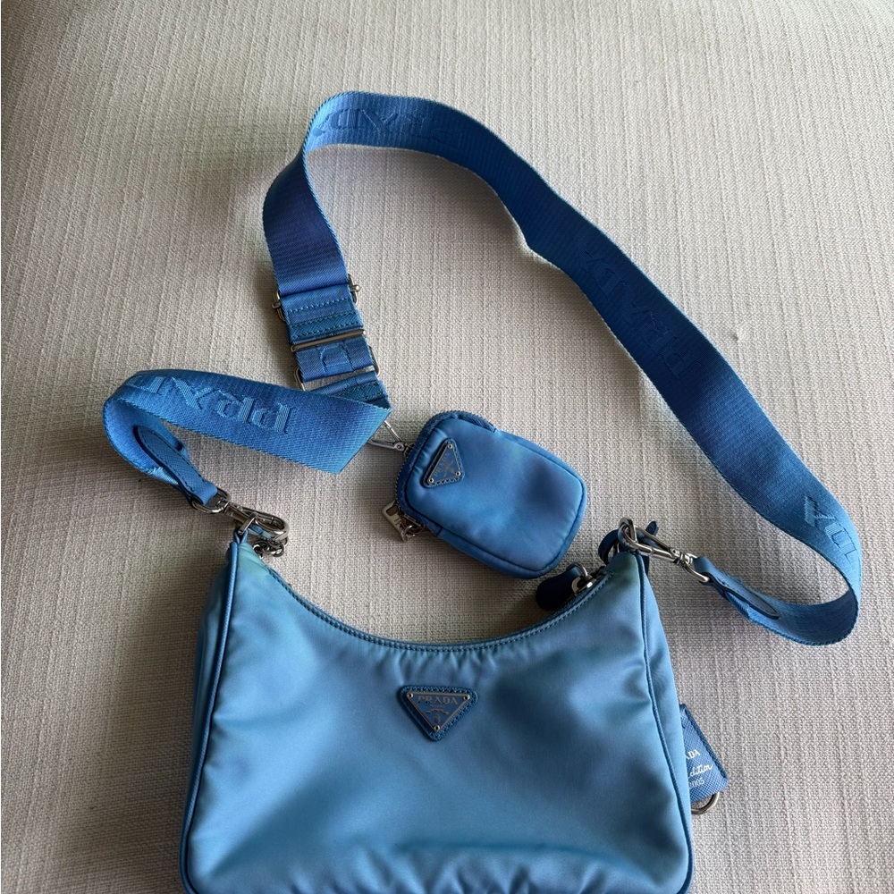Prada Sky Blue Nylon Crossbody with Detachable Strap and Pouch